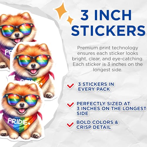 (3 Pack) Pride Pomeranian Decals - Rainbow Dog - Laptop Decals- 3 Inches On Longest Side - Easy Peel & Apply - Made in USA - 3MCS5277