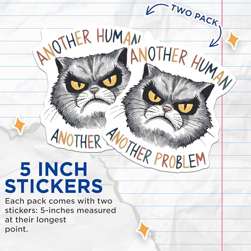 (2 Pack) Funny Cat Stickers - Grumpy Cat Quote - 5" On Longest Side - Sticks to Smooth Flat Surfaces - Made in USA - BMCS8515 - BMCS8515