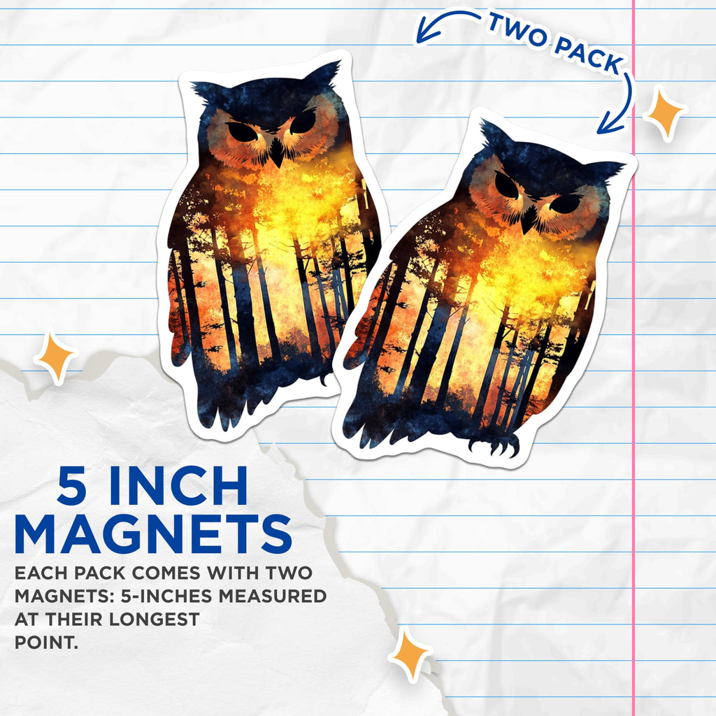 (2 Pack) Owl Silhouette Magnets - Forest Sunset Design - Nature Lover Home Decor - 5" On Longest Side - Premium Magnet - for Cars, Refrigerators, Toolboxes, Lockers - Made in USA - MAG16294