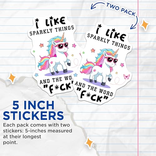 (2 Pack) Unicorn Stickers - Funny Quote - I Like Sparkly Things and The Word - 5" On Longest Side - Sticks to Smooth Flat Surfaces - Made in USA - BMCS7806
