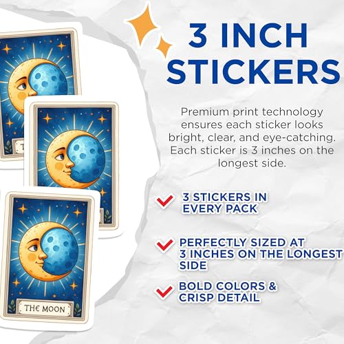 (3 Pack) Moon Tarot Card Decals - Celestial Decor - Laptop Decal - 3 Inches On Longest Side - Easy Peel & Apply - Made in USA - 3MCS1126