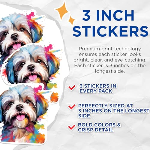 (3 Pack) Shih Tzu Dog Decals - Watercolor Dog - Laptop Decals - 3 Inches On Longest Side - Easy Peel & Apply - Made in USA - 3MCS0825