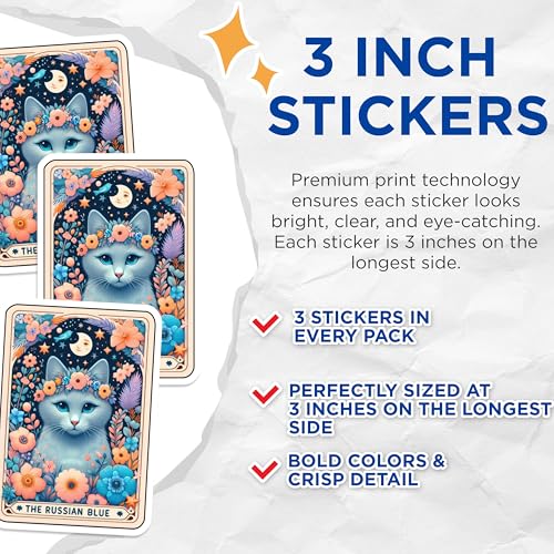 (3 Pack) Russian Blue Decals - Floral Cat Decal - Aesthetic Laptop Decals - 3 Inches On Longest Side - Easy Peel & Apply - Made in USA - 3MCS4053