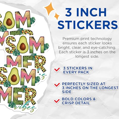 (3 Pack) Summer Vibes Decals - Avocado Design - Leopard Print Lettering - Laptop Decal - 3 Inches On Longest Side - Easy Peel & Apply - Made in USA - 3MCS7146