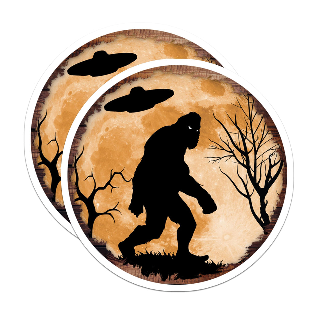 (2 Pack) Bigfoot UFO Magnets - Sasquatch Paranormal Decor - Cryptid Full Moon Art - 5 Inches On Longest Side - Thick Durable Magnet - Made in USA - MAG29237