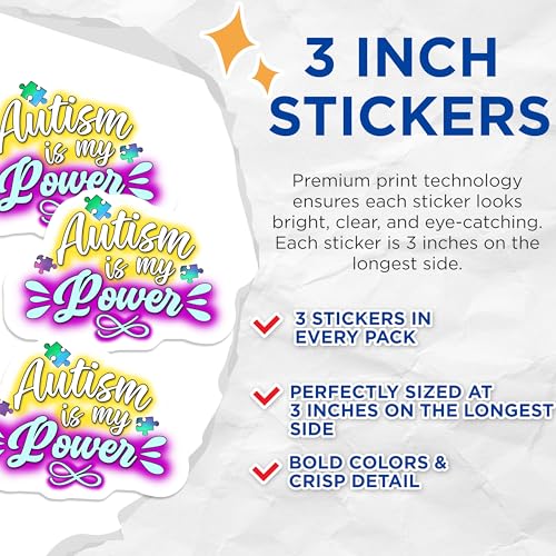 (3 Pack) Autism Awareness Decals - Autism is My Power - Autism Puzzle Pieces- 3 Inches On Longest Side - Easy Peel & Apply - Made in USA - 3MCS5824