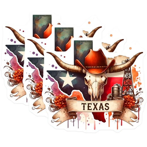 (3 Pack) Texas Pride Decals - Cowboy Skull - Oil Rig Decal- 3 Inches On Longest Side - Easy Peel & Apply - Made in USA - 3MCS5218