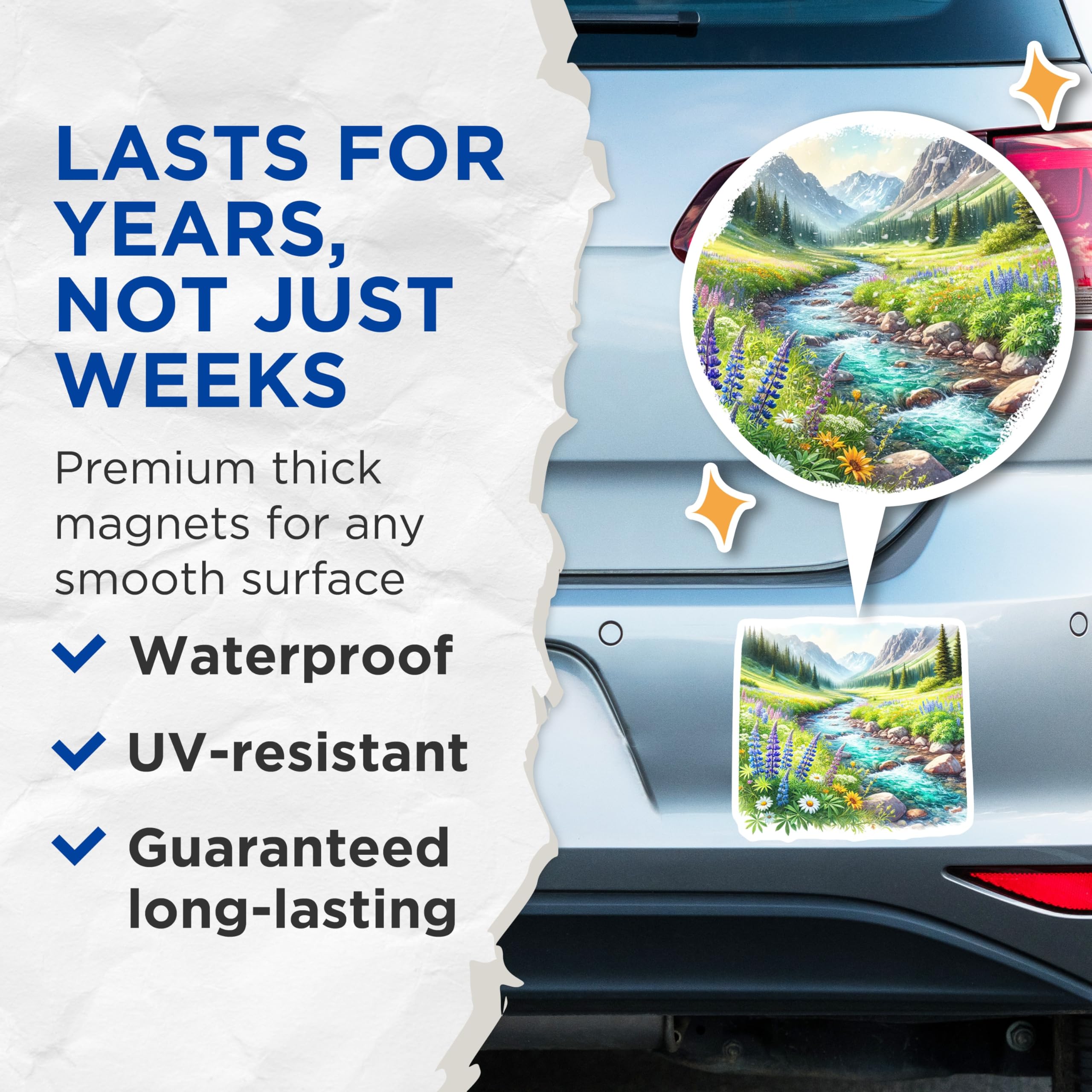(2 Pack) Mountain River Magnets - Floral Meadow Art - Turquoise Water Landscape Magnet Set - 5" On Longest Side - Premium Magnet - for Cars, Refrigerators, Toolboxes, Lockers - Made in USA - MAG18353