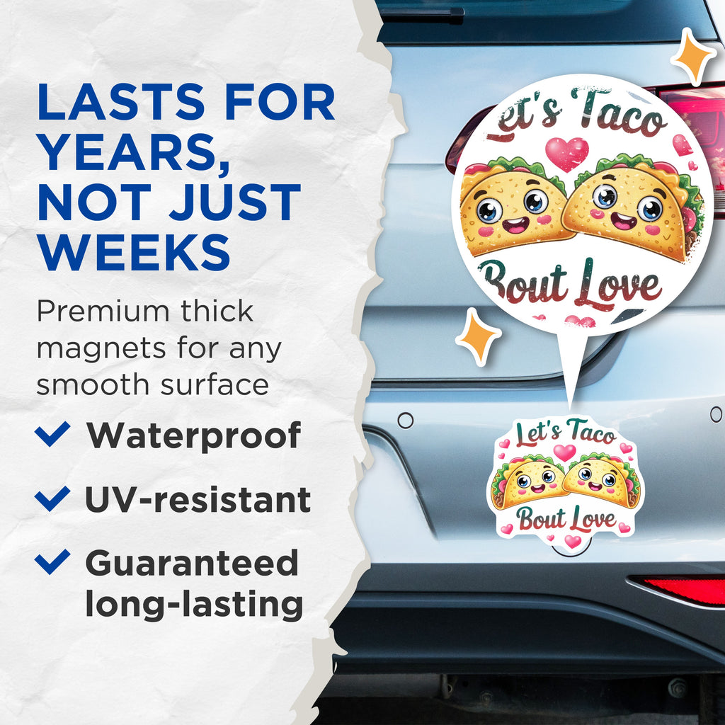 (2 Pack) Let's Taco Bout Love Magnets - Cute Taco Kitchen Accent - Romantic Couple's Fridge Display - 5 Inches On Longest Side - Thick Durable Magnet - Made in USA - MAG38511