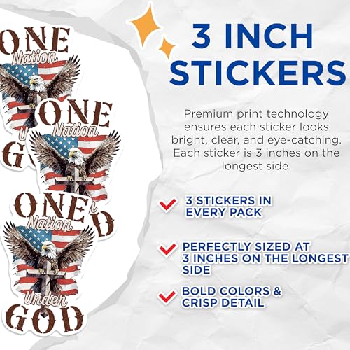 (3 Pack) One Nation Under God Decals - Patriotic Eagle Decal - Religious Laptop Decal - 3 Inches On Longest Side - Easy Peel & Apply - Made in USA - 3MCS0281