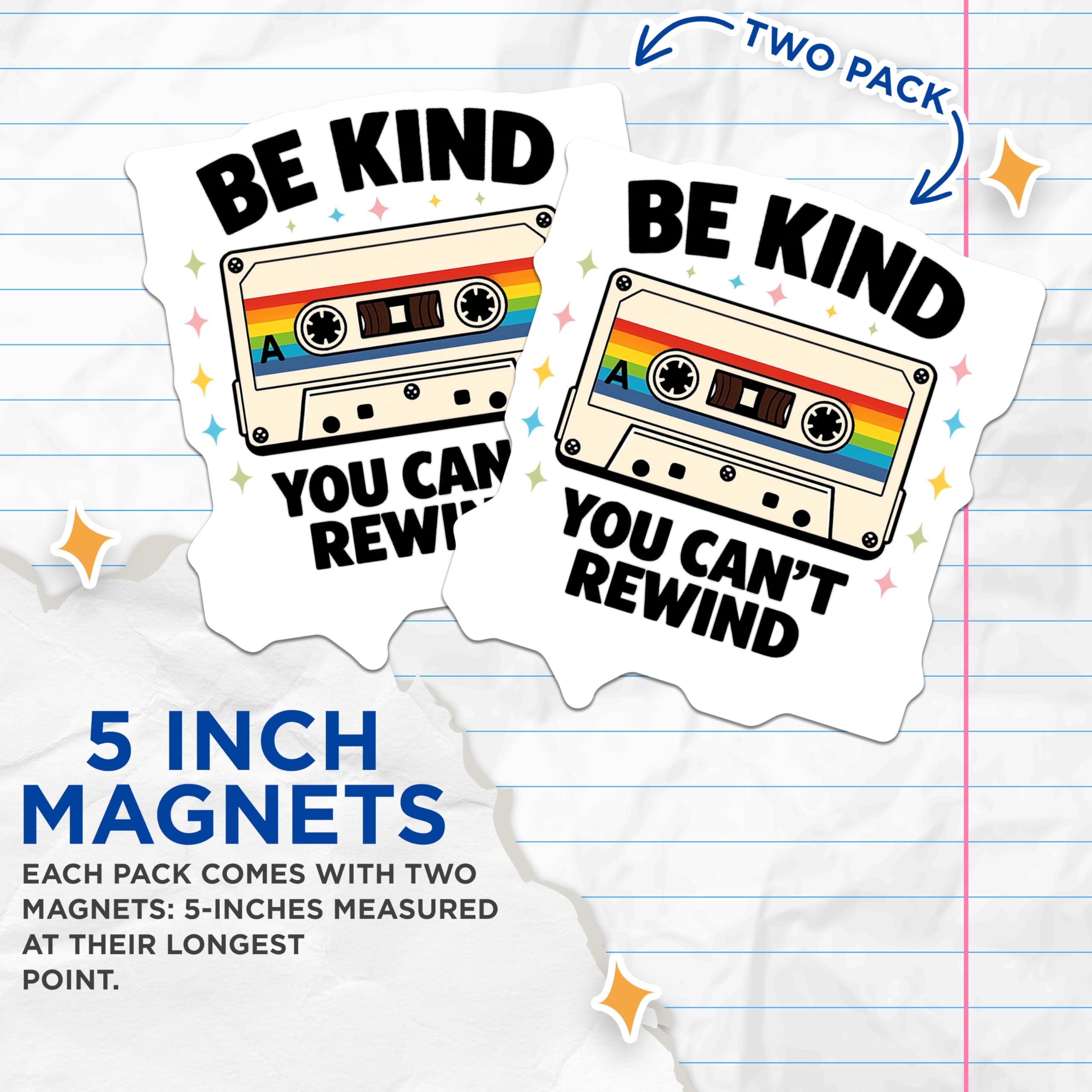 (2 Pack) Be Kind You Cant Rewind Magnets - Cassette Tape Retro Vibes - Positive Message Nostalgia Decor - Fridge Locker Art - 5 Inches On Longest Side - Thick Durable Magnet - Made in USA - MAG21575