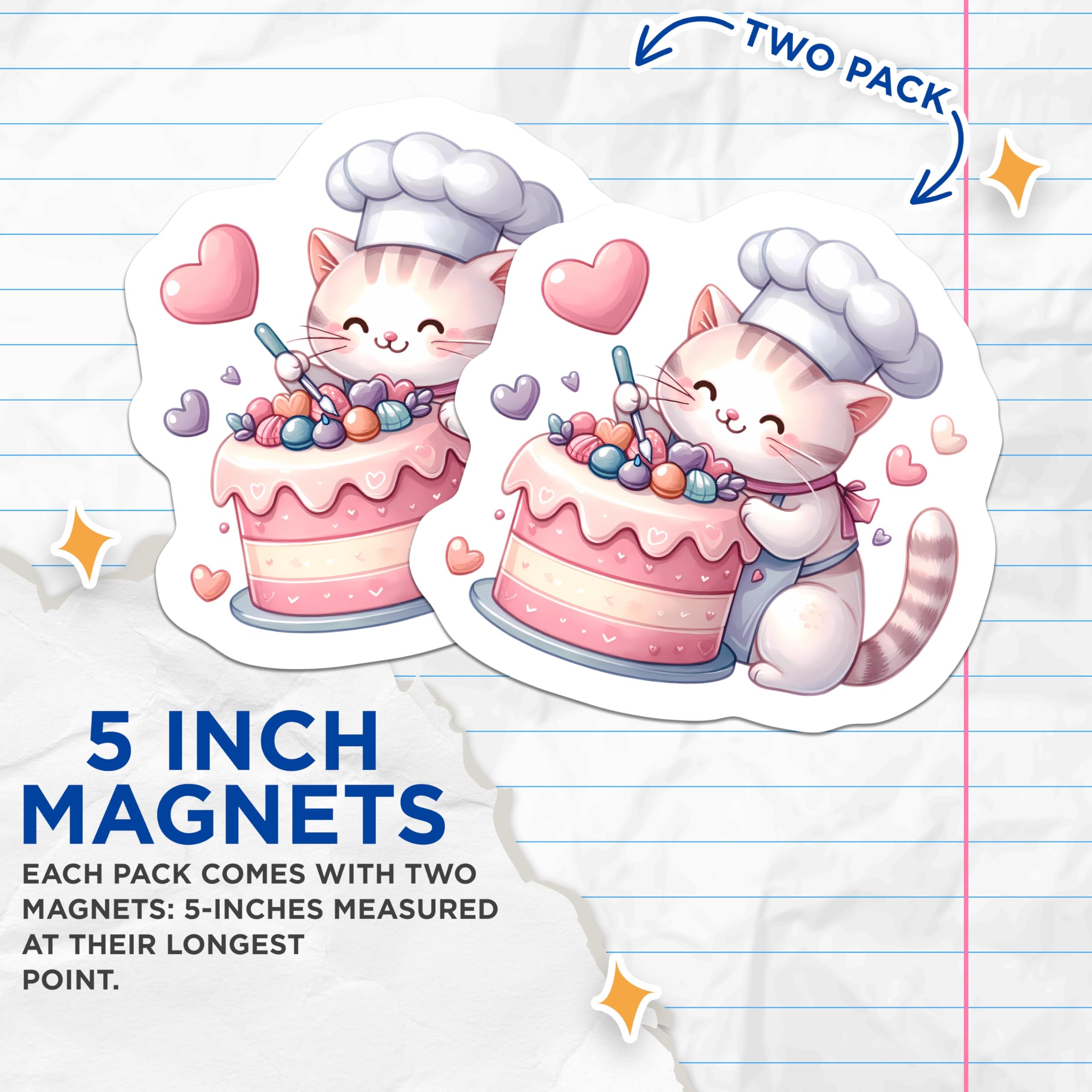 (2 Pack) Adorable Cat Chef Magnets - Sweet Baking Kitten Decor - Dessert Lover Fridge Art - Culinary Kitty Accent - 5 Inches On Longest Side - Thick Durable Magnet - Made in USA - MAG22144