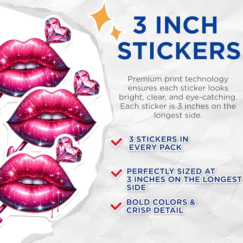 (3 Pack) Lips Decals - Heart Arrow Stickers - Kiss Laptop Decals - 3 Inches On Longest Side - Easy Peel & Apply - Made in USA - 3MCS2167
