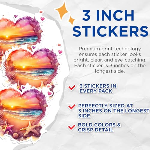 (3 Pack) Beach Sunset Heart Decals - Starfish Ocean Laptop Decal - Watercolor Sea Decals - 3 Inches On Longest Side - Easy Peel & Apply - Made in USA - 3MCS1648