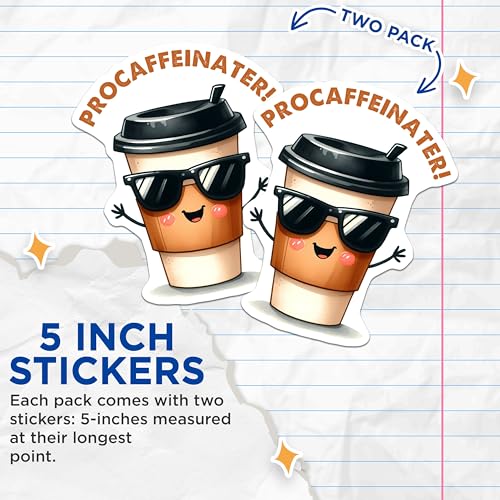 (2 Pack) Procaffeinator Stickers - Cute Coffee Stickers - Funny Coffee Cup Stickers - 5" On Longest Side - Sticks to Any Smooth Flat Surface - Made in USA - BMCS3281