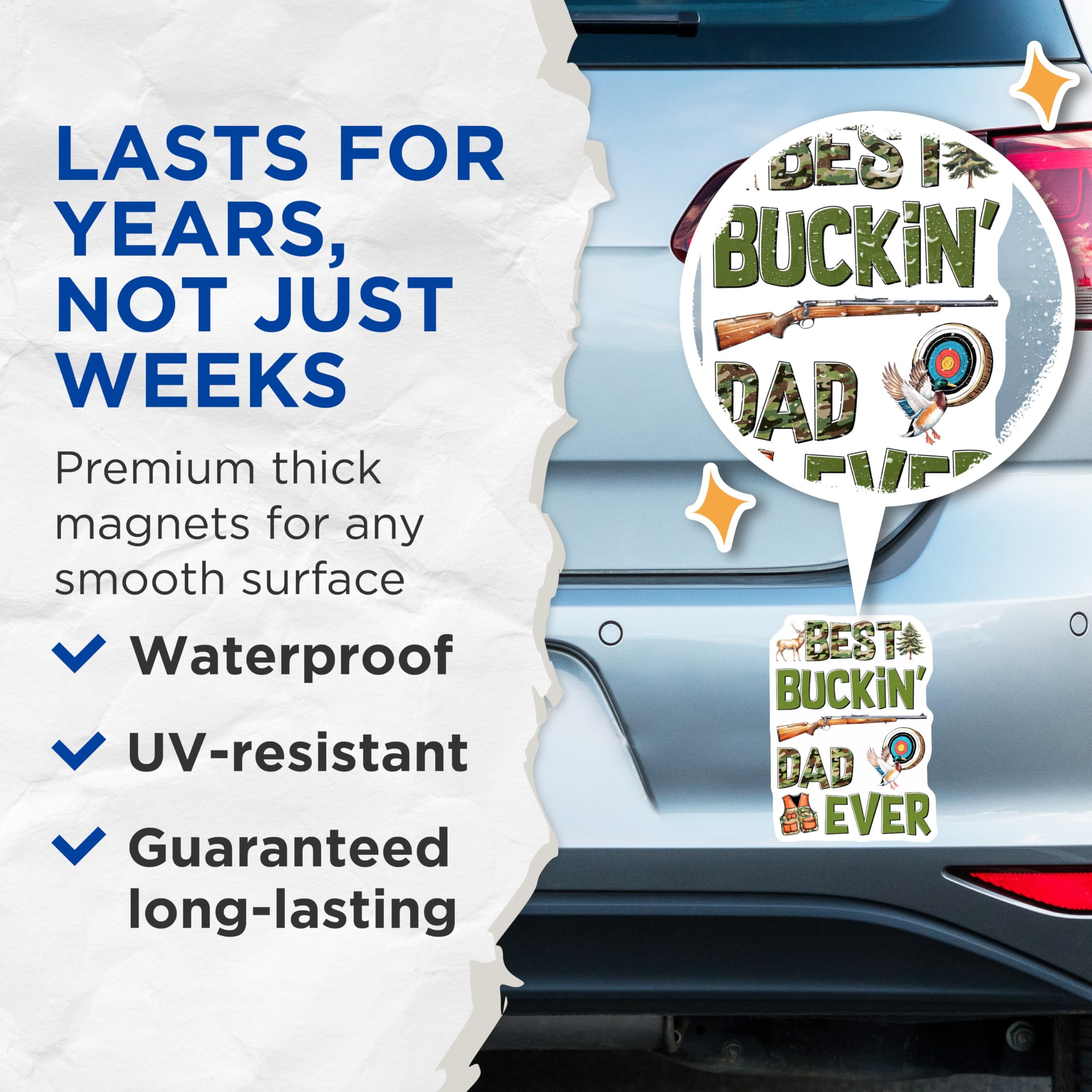 (2 Pack) Best Buckin Dad Ever Magnets - Hunting Deer Duck - Camo Dad Refrigerator Magnets - 5" On Longest Side - Premium Magnet - for Cars, Refrigerators, Toolboxes, Lockers - Made in USA - MAG15233