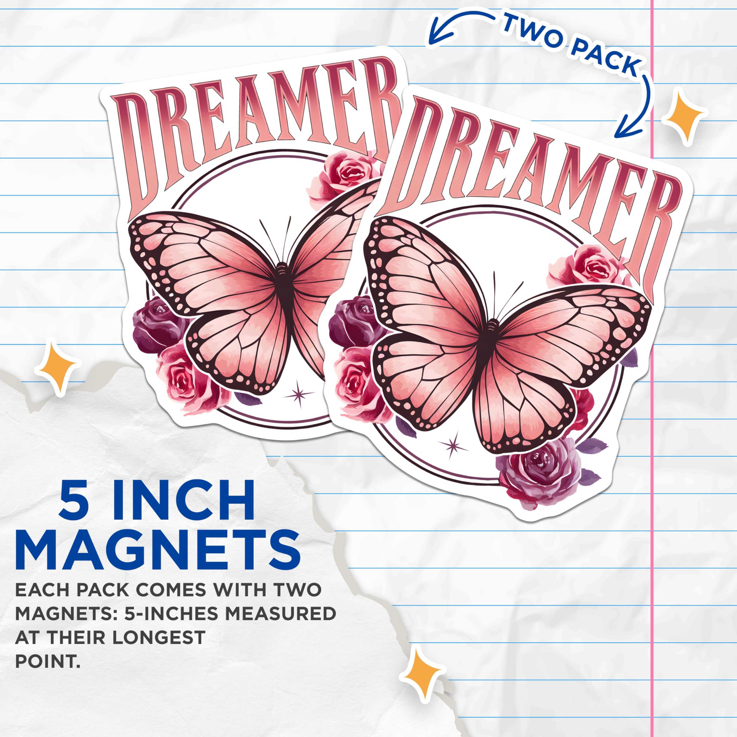 (2 Pack) Dreamer Butterfly Magnets - Floral Rose Decor - Inspirational Pink Art Magnets - 5" On Longest Side - Premium Magnet - for Cars, Refrigerators, Toolboxes, Lockers - Made in USA - MAG17646