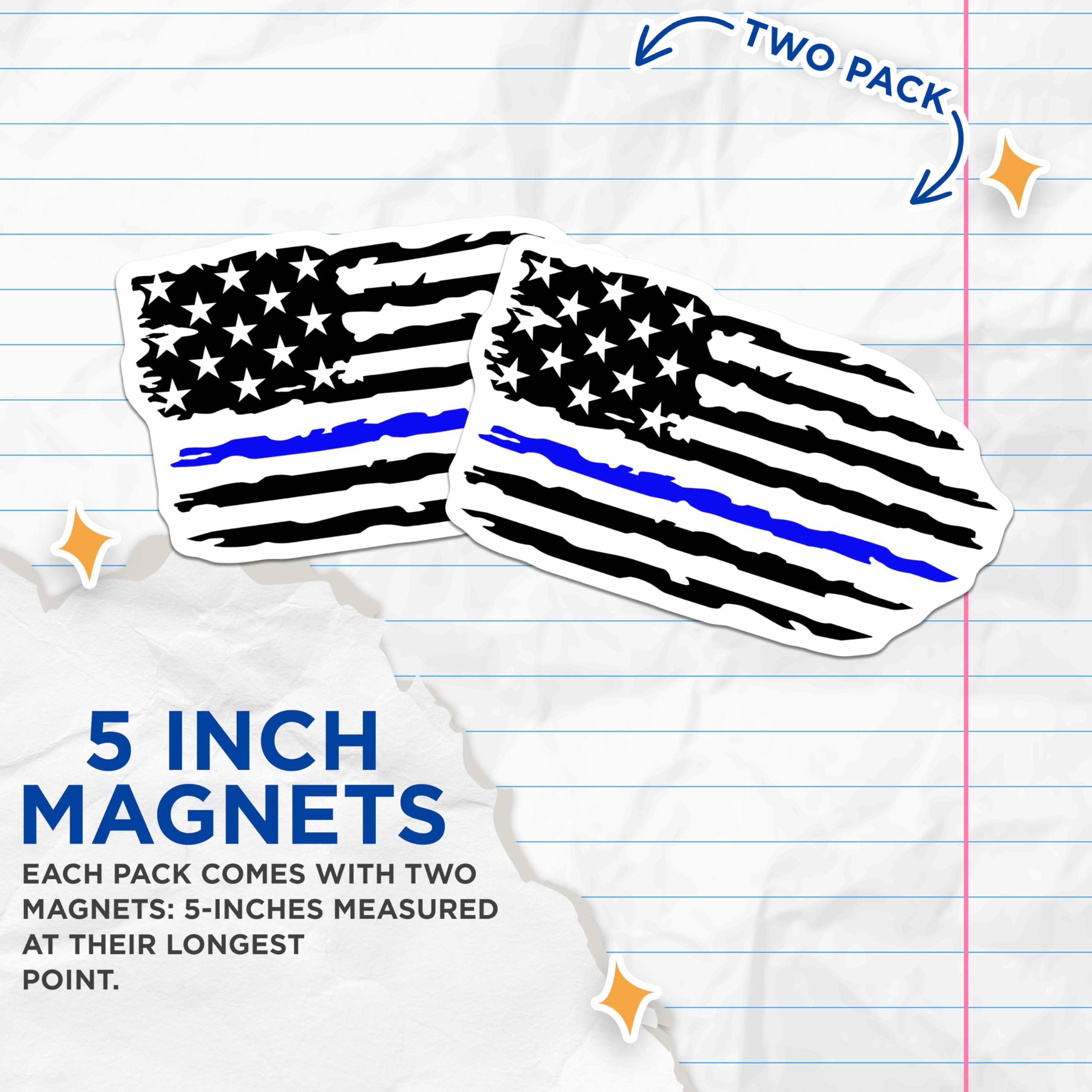 (2 Pack) Thin Blue Line Magnets - American Flag Support - Law Enforcement Honor - Police Officer Tribute - 5 Inches On Longest Side - Thick Durable Magnet - Made in USA - MAG21752