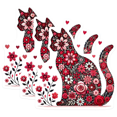 (3 Pack) Floral Cat Decals - Flower Cat Stickers - Laptop Decals - 3 Inches On Longest Side - Easy Peel & Apply - Made in USA - 3MCS4502