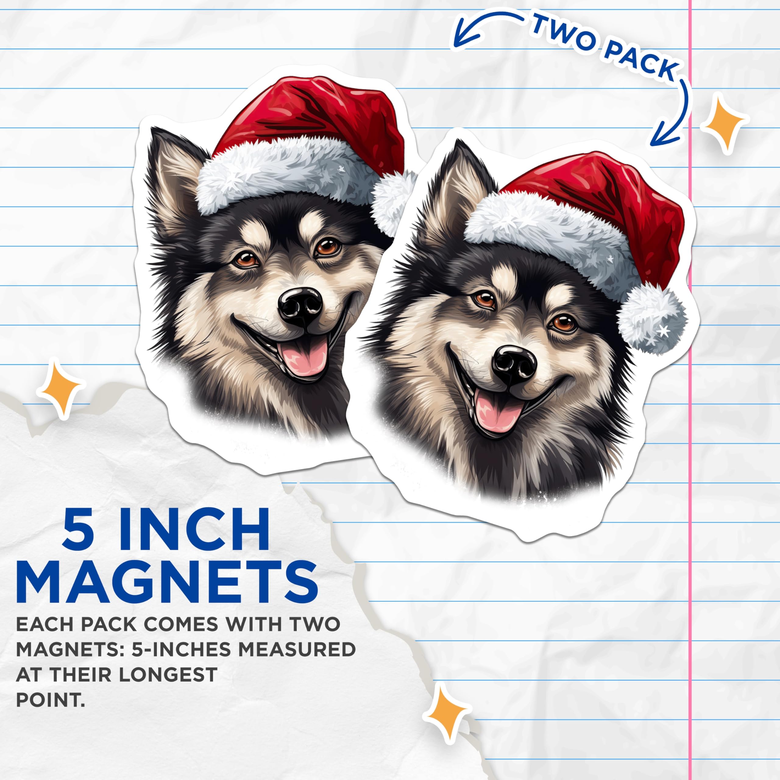 (2 Pack) Christmas Dog Magnets - Smiling Husky Malamute Lover - Santa Hat Pet Fridge Decor - 5 Inches On Longest Side - Thick Durable Magnet - Made in USA - MAG27817