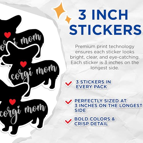 (3 Pack) Corgi Mom Decals - Corgi Lover - Dog Breed Decal - 3 Inches On Longest Side - Easy Peel & Apply - Made in USA - 3MCS1330
