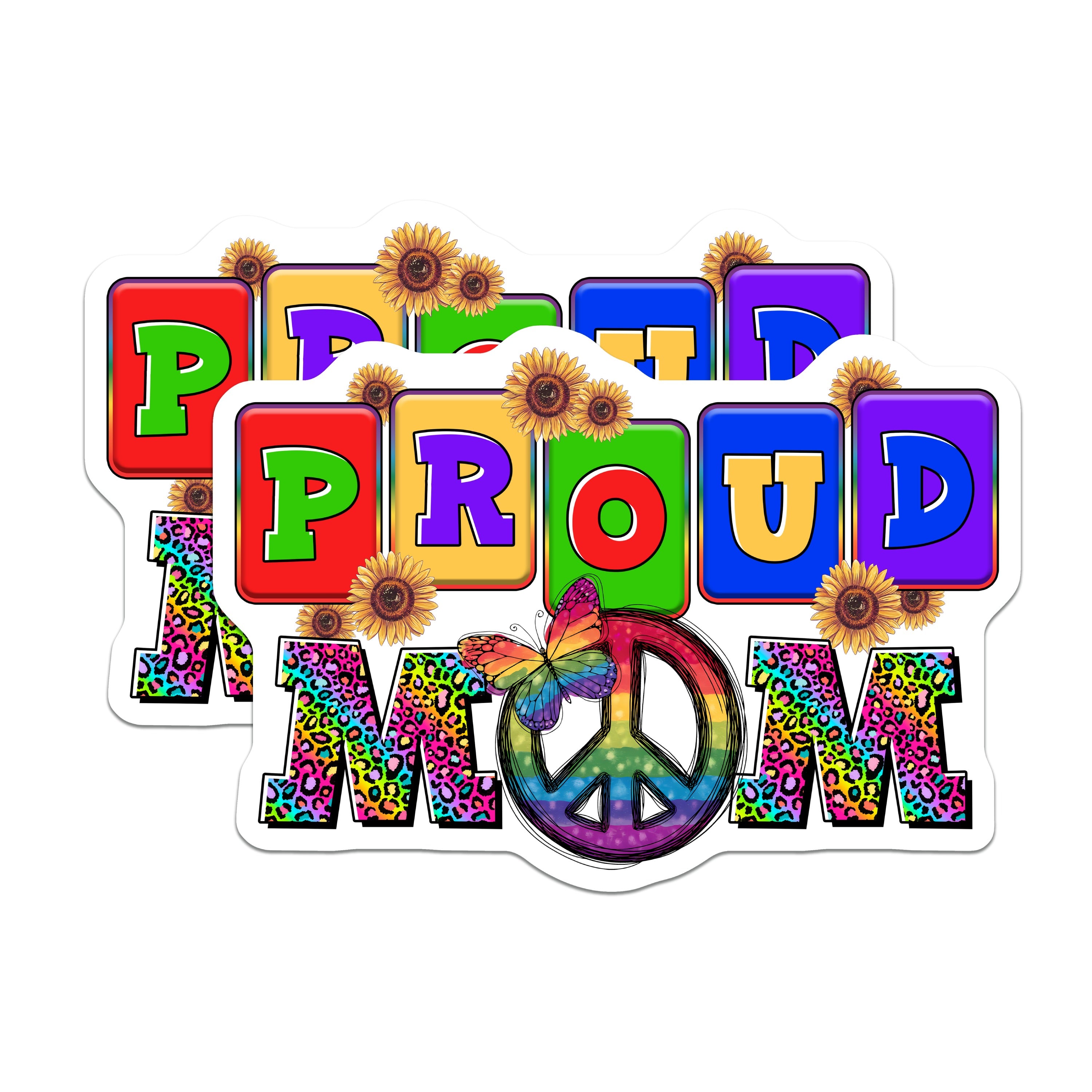(2 Pack) Proud Mom Rainbow Magnets - Leopard Print Mama - Mother's Day Peace Sign - 5 Inches On Longest Side - Thick Durable Magnet - Made in USA - MAG36410