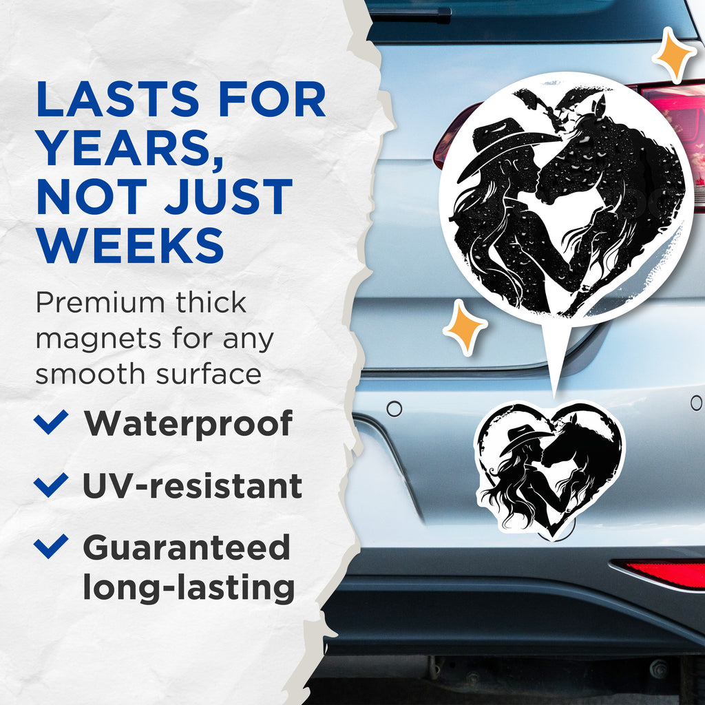 (2 Pack) Cowgirl Horse Love Magnets - Equestrian Silhouette - Western Style Refrigerator Decor - Ranch Life Accessory - 5 Inches On Longest Side - Thick Durable Magnet - Made in USA - MAG39087