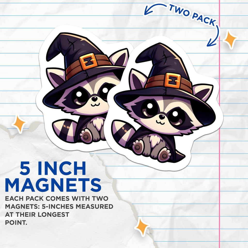 (2 Pack) Cute Witch Raccoon Magnets - Halloween Animal Decor - Spooky Kawaii Fridge Magnets - 5 Inches On Longest Side - Thick Durable Magnet - Made in USA - MAG37656