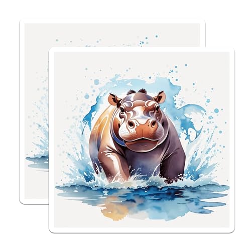 (2 Pack) Hippo Water Splash Stickers - Animal Lover - Wildlife Art - 5" On Longest Side - Sticks to Smooth Flat Surfaces - Made in USA - BMCS8703 - Aquatic Animal - Nature Theme - Watercolor Style