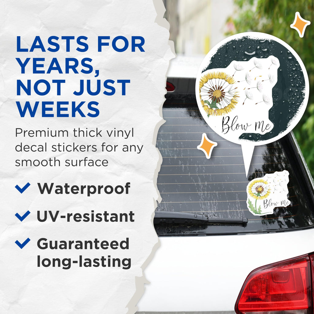 (2 Pack) Dandelion Blow Me Stickers - 5" On Longest Side - Sticks to Smooth Flat Surfaces - Made in USA - BMCS8618 - BMCS8618