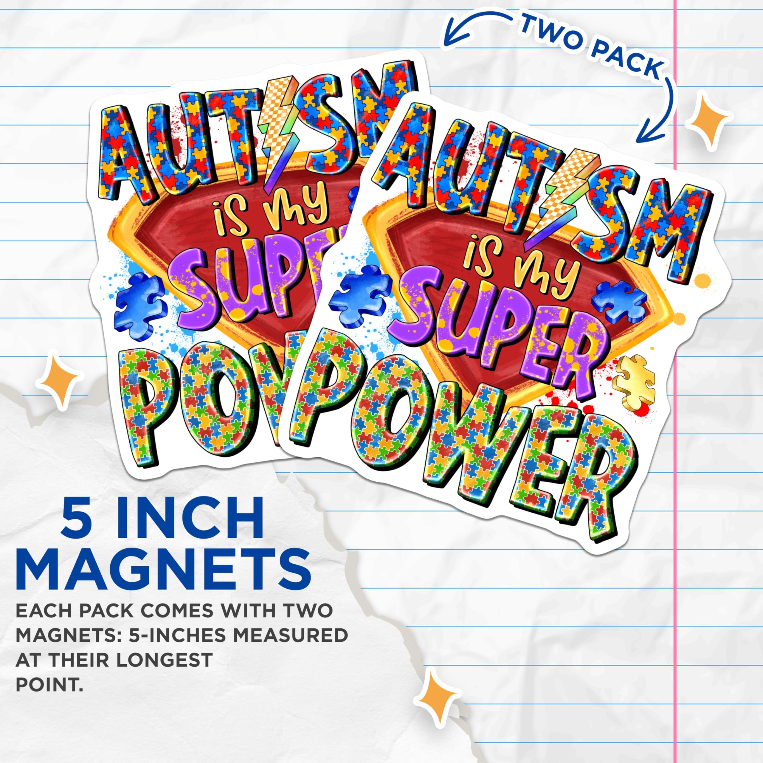 (2 Pack) Autism Super Power Magnets - Neurodiversity Awareness - Inclusive Support Statement - Fridge Locker Magnets - 5 Inches On Longest Side - Thick Durable Magnet - Made in USA - MAG26472