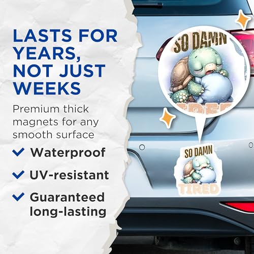 (2 Pack) So Damn Tired Turtle Magnets - Cute Sleepy Turtle - Funny Turtle Decor - Adorable Animal Magnets - 5" On Longest Side - for Cars, Fridges, Toolboxes - Made in USA - MAG7271