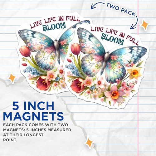 (2 Pack) Butterfly Floral Magnet - Inspirational Home Decor - 5" On Longest Side - Sticks to Smooth Flat Surfaces - Made in USA - MAG10074