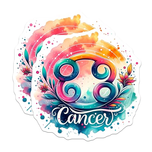 (2 Pack) Cancer Zodiac Sign Stickers - Watercolor Art - Horoscopes Sticker - 5" On Longest Side - Sticks to Smooth Flat Surfaces - Made in USA - BMCS6731