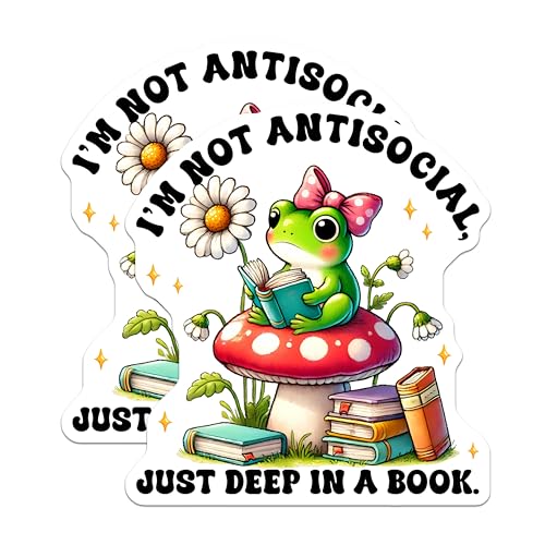 (2 Pack) Not Antisocial Stickers - Frog Reading Book - Funny Quote - Mushroom Nature - 5" On Longest Side - Sticks to Smooth Flat Surfaces - Made in USA - BMCS7619