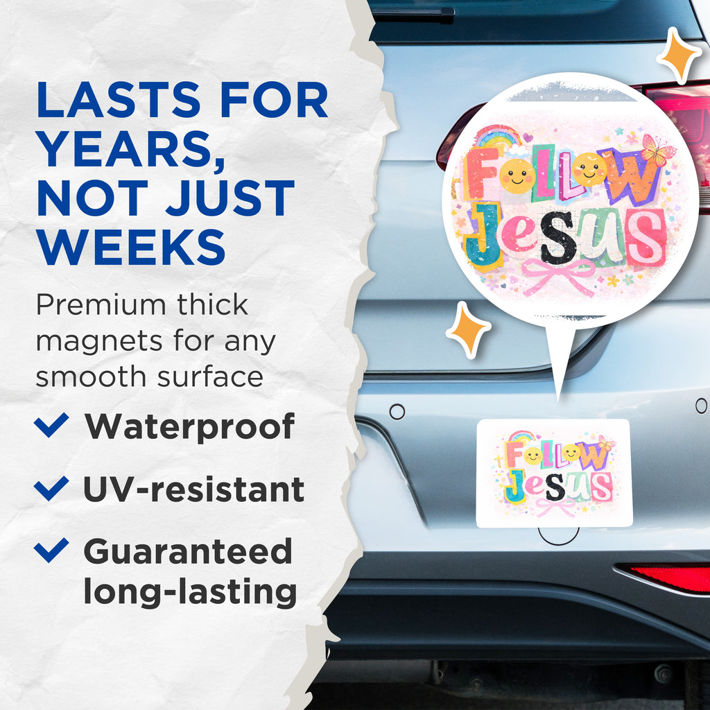 (2 Pack) Follow Jesus Magnets - Christian Faith Decor - Inspirational Bible Message - Youth Faith Art - 5 Inches On Longest Side - Thick Durable Magnet - Made in USA - MAG38245
