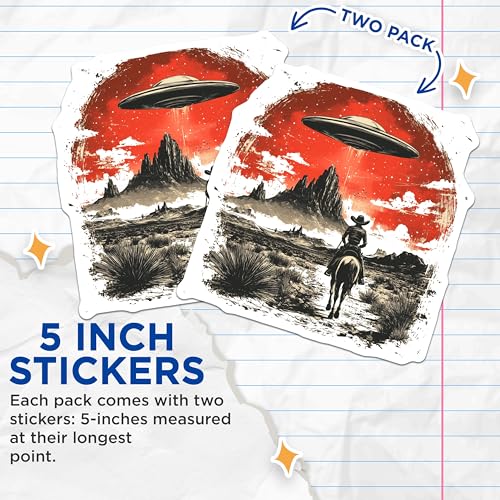 (2 Pack) UFO Cowboy Stickers - Extraterrestrial Western Art Decals - Alien Desert Scene Stickers - 5" On Longest Side - Sticks to Smooth Flat Surfaces - Made in USA - BMCS9944