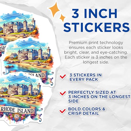 (3 Pack) Rhode Island Decals - Coastal Landscape - Laptop Decals- 3 Inches On Longest Side - Easy Peel & Apply - Made in USA - 3MCS5556
