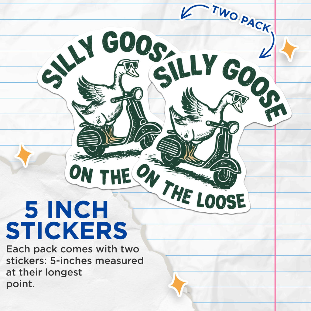 (2 Pack) Silly Goose Stickers - Funny Animal - Scooter Design - 5" On Longest Side - Sticks to Smooth Flat Surfaces - Made in USA - BMCS5928