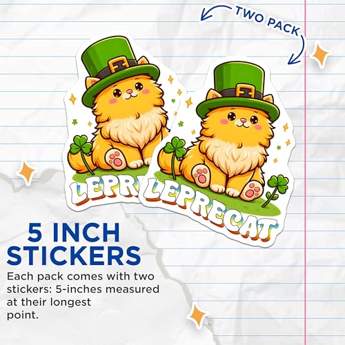 (2 Pack) Leprechaun Cat Stickers - Cute Cat with Hat - St. Patrick's Day Decoration - 5" On Longest Side - Sticks to Smooth Flat Surfaces - Made in USA - BMCS8110
