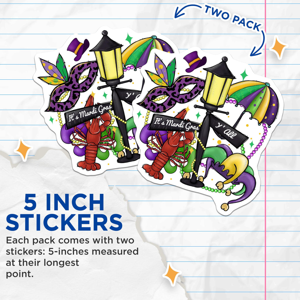 (2 Pack) Mardi Gras Stickers - Carnival Parade Stickers - New Orleans Party Decorations - 5" On Longest Side - Sticks to Smooth Flat Surfaces - Made in USA - BMCS4398