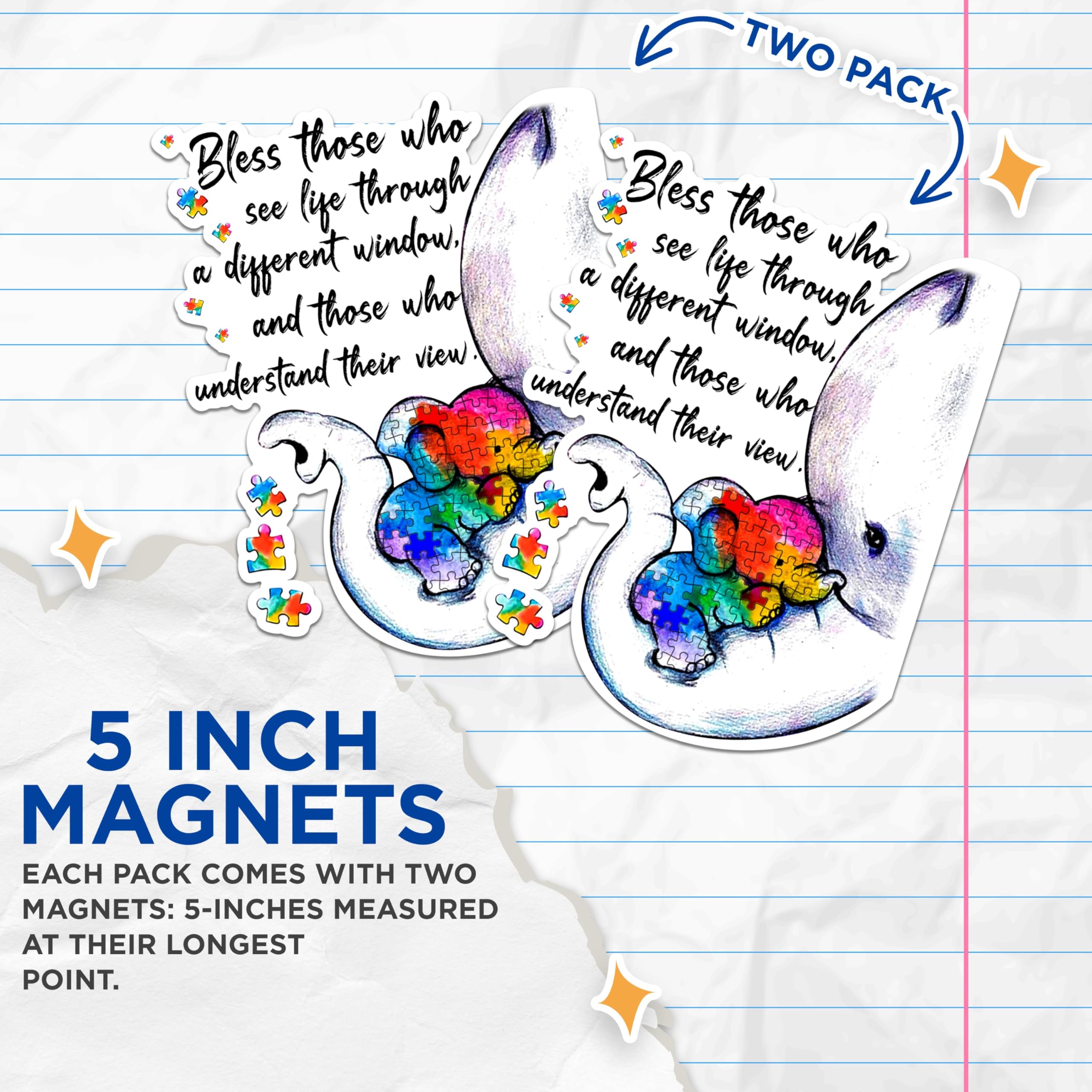 (2 Pack) Inspirational Magnets - Autism Awareness Magnets - Elephant and Puzzle Magnets- 5" On Longest Side - for Fridges, Toolboxes, Cars - Made in USA - MAG2572
