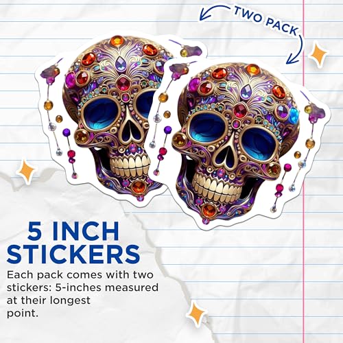 (2 Pack) Day of The Dead Skull Stickers - Mexican Festival Decoration - Colorful Skull Waterproof Decal - 5" On Longest Side - Sticks to Smooth Flat Surfaces - Made in USA - BMCS8605 - BMCS8605