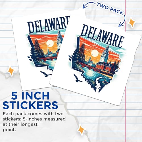 (2 Pack) Delaware Travel Decal Stickers - Scenic Delaware Landscape Stickers - State Souvenir Stickers - 5" On Longest Side - Sticks to Smooth Flat Surfaces - Made in USA - BMCS4824