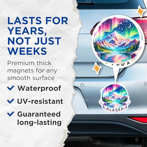 (2 Pack) Alaska Magnets - Colorful Mountain Magnets - Northern Lights - 5" On Longest Side - for Cars, Fridges, Toolboxes - Made in USA - MAG6790
