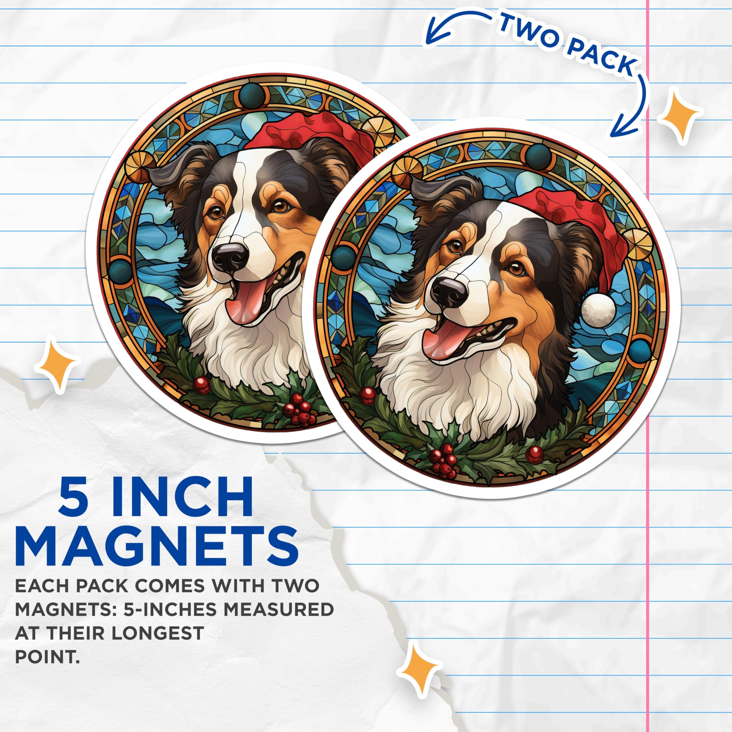 (2 Pack) Australian Shepherd Christmas Magnets - Stained Glass Dog Art - Festive Holiday Pet Decor - 5 Inches On Longest Side - Thick Durable Magnet - Made in USA - MAG27336