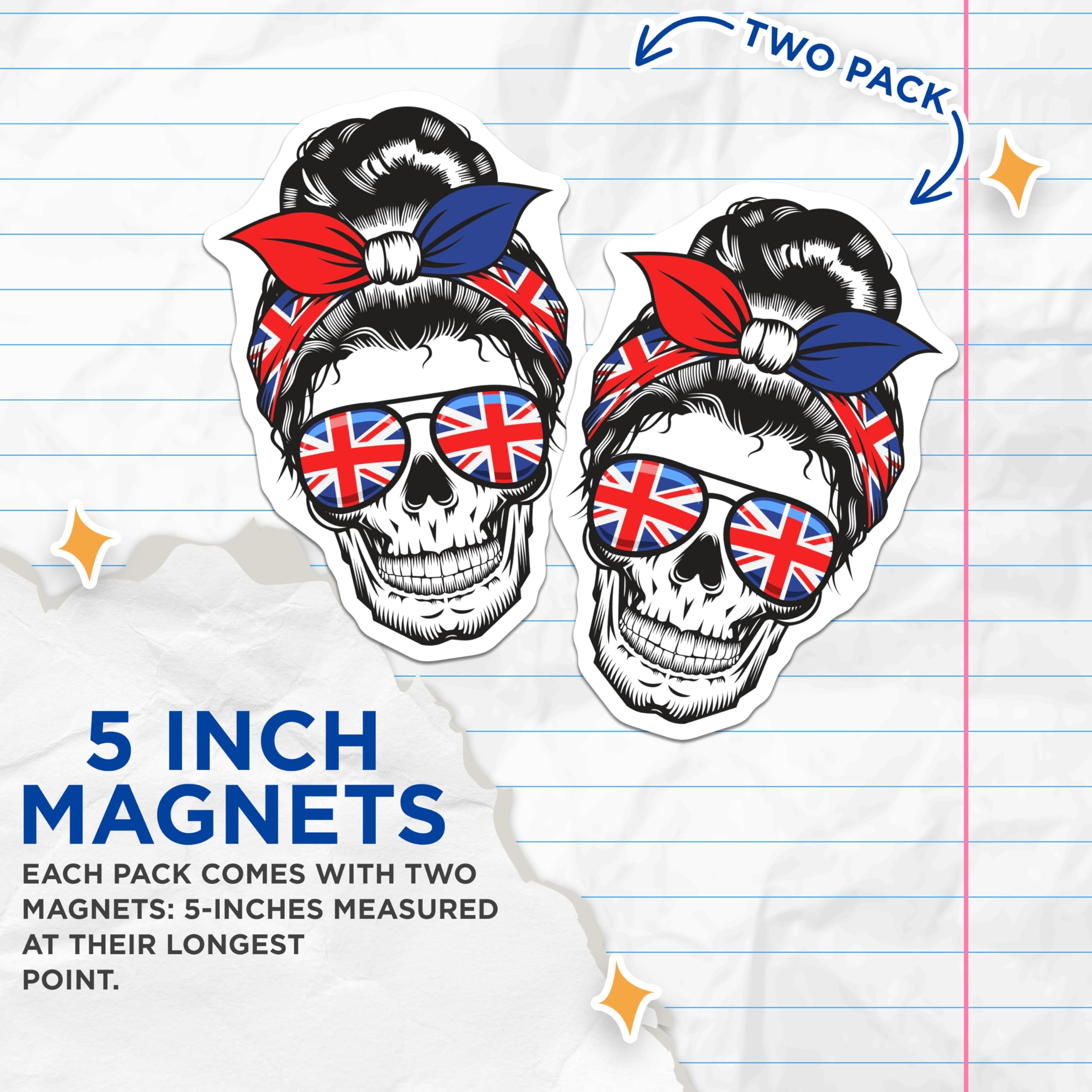 (2 Pack) Messy Bun Skull Magnets - Union Jack Sunglasses - British Flag Headband - UK Pride Decor - 5 Inches On Longest Side - Thick Durable Magnet - Made in USA - MAG19027