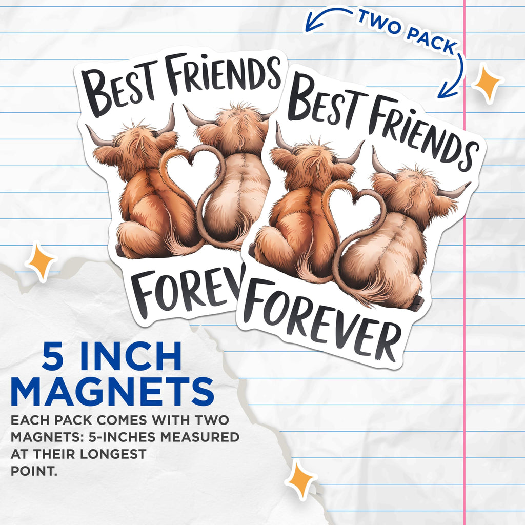 (2 Pack) Highland Cow Magnets - Best Friends Forever - Scottish Cow Decor - 5" On Longest Side - Premium Magnet - for Cars, Refrigerators, Toolboxes, Lockers - Made in USA - MAG14607