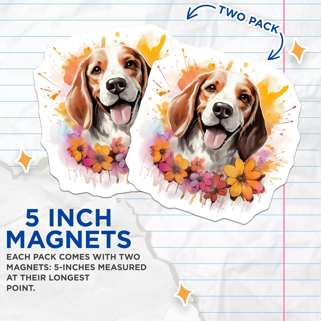 (2 Pack) Beagle Dog Magnets - Watercolor Beagle Art - Floral Pet Lover Design - Dog Mom Delight - 5 Inches On Longest Side - Thick Durable Magnet - Made in USA - MAG27711