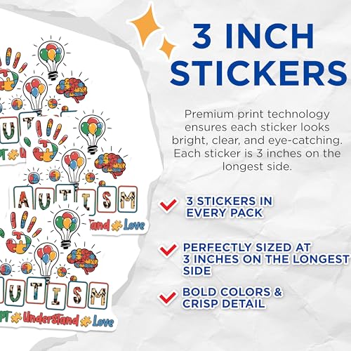 (3 Pack) Autism Awareness Decals - Puzzle Pieces - Accept Understand Love - 3 Inches On Longest Side - Easy Peel & Apply - Made in USA - 3MCS8463